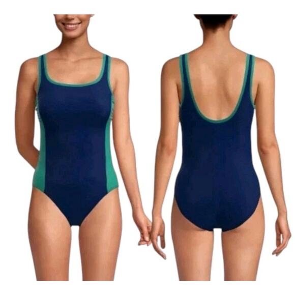 Lands' End Women's Scoop Neck One-Piece Swimsuit Size XL/18 Navy/Green - Picture 1 of 7